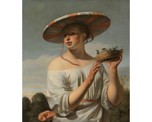 Fotobehang van een meisje met een brede hoed, artistiek en klassiek.