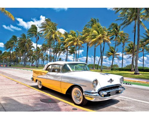 Fotobehang met een Geel-witte oldtimer aan een zonnige boulevard met palmbomen in Miami.