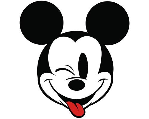 Vrolijk fotobehang van Mickey Mouse met iconische rode broek en gele schoenen, omringd door speelse, kleurrijke achtergrondelementen.