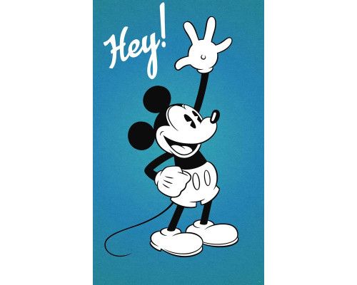 Fotobehang van Mickey Mouse met de tekst "Hey", vrolijk zwaaiend in zijn klassieke outfit, op een lichte achtergrond.