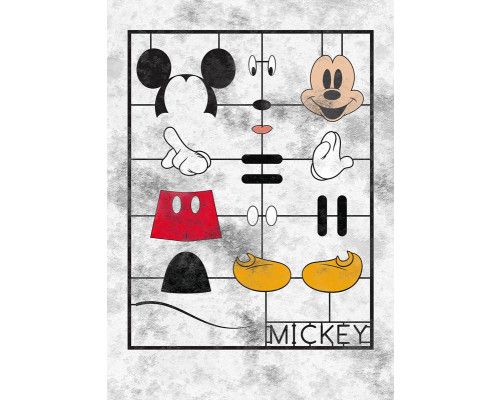 Mickey Mouse Kit fotobehang toont verschillende dynamische poses van Mickey Mouse in een levendige en energieke setting.