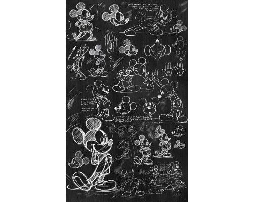 Mickey Mouse Krijtbord fotobehang toont een zwart-wit krijttekening van Mickey Mouse, met speelse en creatieve details.