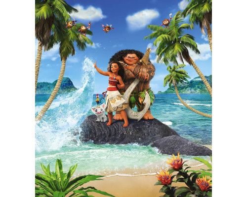 Moana Beach fotobehang toont Vaiana en Maui op een tropisch strand, met golven die op de kust slaan en de zon laag aan de hemel.