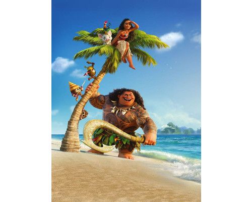 Moana en Maui van Disney's Vaiana op een avontuurlijke reis over de oceaan, met Vaiana op een kano en Maui met zijn magische haak.