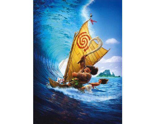 Moana fotobehang met Vaiana die de golven trotseert op een traditionele Polynesische boot, met een helderblauwe oceaan en tropische eilanden.