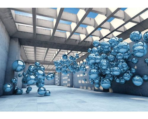 Blauwe metalen ballen, abstract weergegeven in een moderne ruimte op een stijlvol fotobehang.