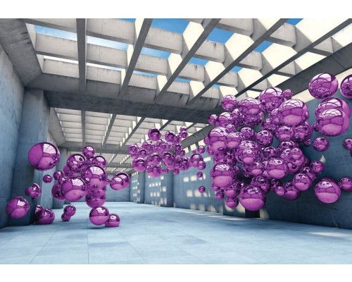 Fotobehang van een moderne ruimte met paarse metalen ballen, in een abstract en futuristisch ontwerp.