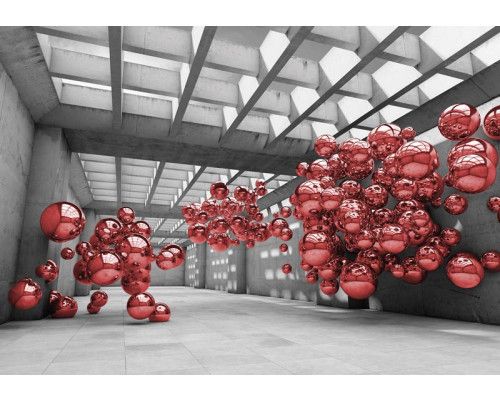 Rode metalen ballen in een moderne ruimte, fotobehang met een abstracte en futuristische uitstraling.