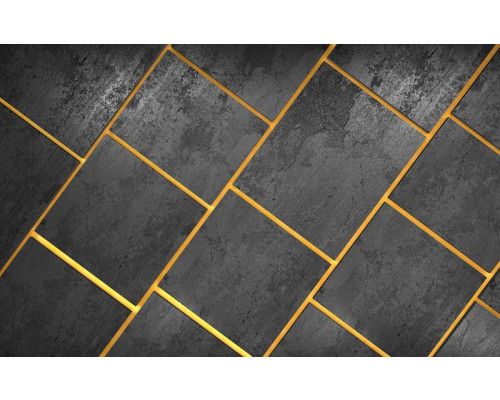 Moderne fotobehang tegels in zwart met gouden voegen, strakke grijze achtergrond.