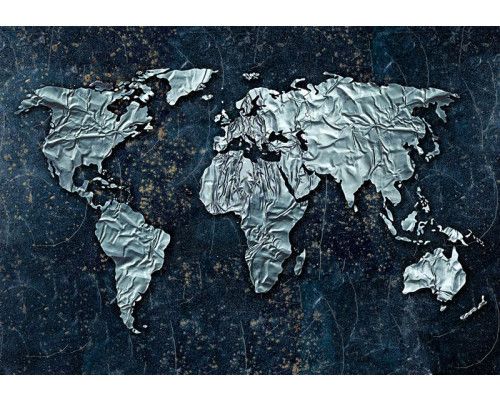 Moderne zilverkleurige wereldkaart, fotobehang met een strak design.