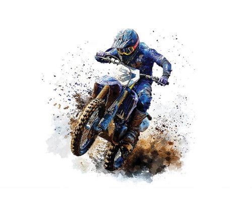 Motorcrosser in blauwe outfit rijdt vol vaart door modder in illustratieve stijl.