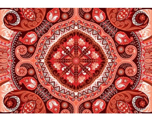 Rood mozaïekpatroon met abstracte vormen, fotobehang voor een speelse en eigentijdse uitstraling.