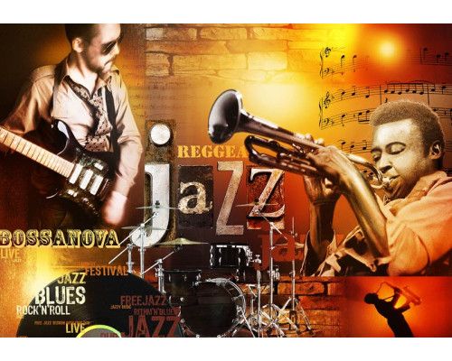 Een fotobehang van muziekinstrumenten in retro jazz-stijl met abstracte accenten.