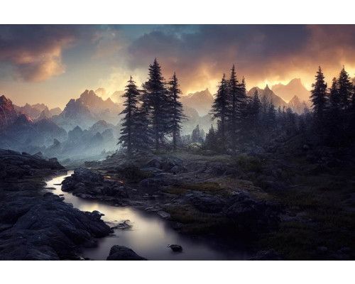 Mysterieus fotobehang van een landschap met een rivier die door bergen en bossen slingert.