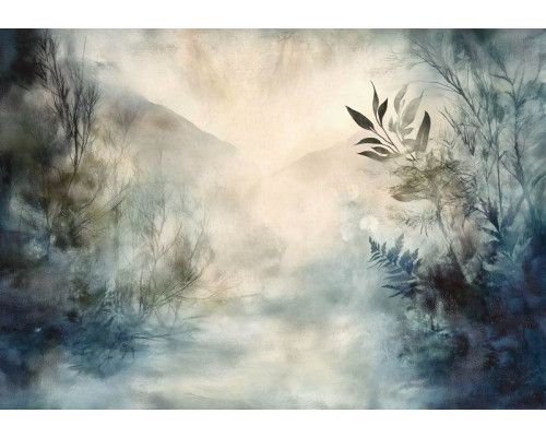 Fotobehang met een mystiek landschap gehuld in mist, met zachte silhouetten van bomen en heuvels.