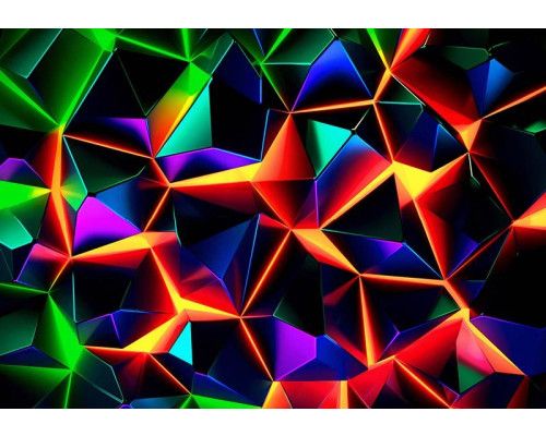Fotobehang met scherpe digitale fragmenten in een kleurrijke neonmix van rood, paars, groen, blauw en geel.