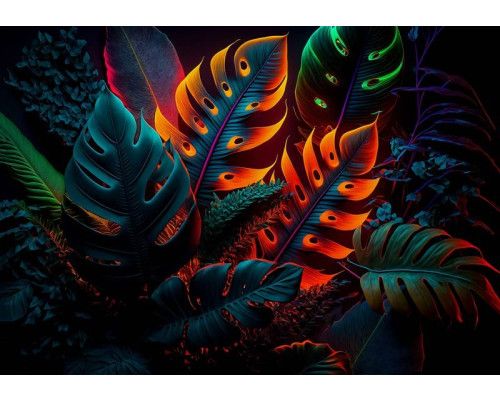 Neon-tropische bladeren en monstera planten vormen de basis van dit fotobehang. Heldere kleuren zorgen voor een moderne en exotische uitstraling van een tropisch regenwoud.