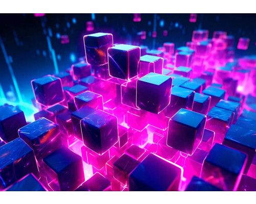 Fotobehang met een 3D-patroon van kubussen in een digitale ruimte, verlicht met felroze en blauwe neonaccenten.
