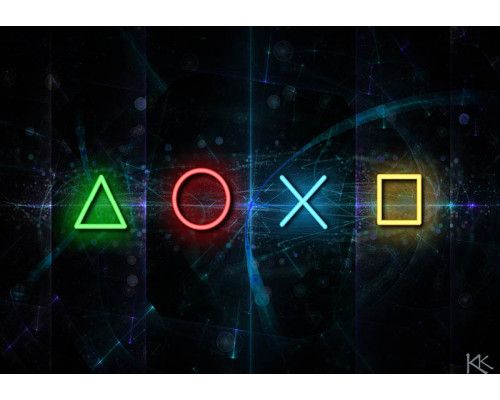Fotobehang met verlichte PlayStation-symbolen in neonkleuren op een zwarte en blauwe achtergrond.