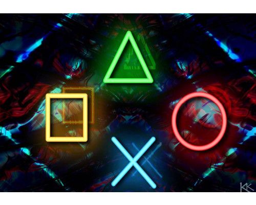 Fotobehang met felverlichte PlayStation-symbolen in neonkleuren op een donkere, futuristische achtergrond.