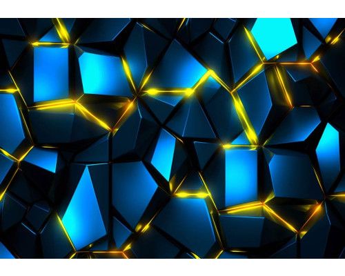 Fotobehang met blauwe fragmenten en fel oranje-geel neonlicht dat van achteren oplicht, in een futuristisch ontwerp.