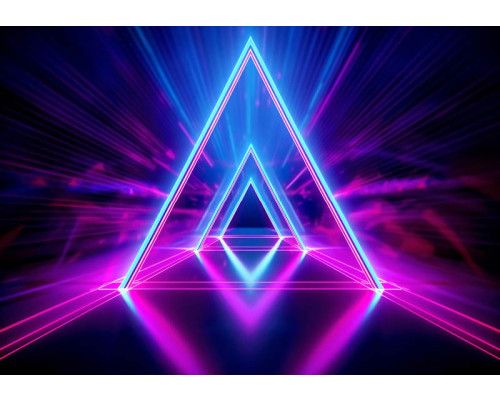 Fotobehang met neonblauwe en neonroze driehoeken die samen een futuristische tunnel vormen met een sterk 3D-effect.