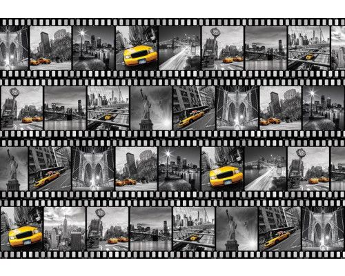 Fotobehang van een filmstrip uit New York, met het Vrijheidsbeeld en een gele taxi.