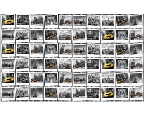 Fotobehang met een fotocollage uit New York, met foto's van het Vrijheidsbeeld en een gele taxi.