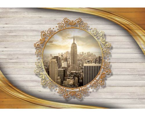 New York fotobehang met een vintage perspectief van houten planken en iconische gebouwen.