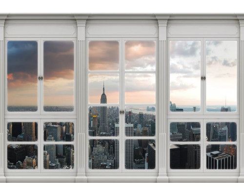 3D-fotobehang met uitzicht op de stad New York door een raam, inclusief skyline.