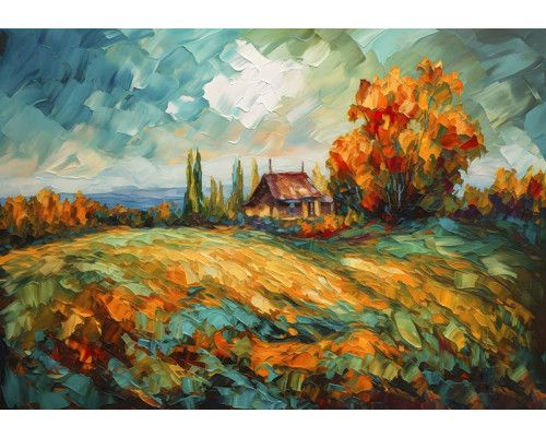 Olieverfschilderij van een landschap met weelderige natuur, sfeervol weergegeven op een kunstzinnig fotobehang.