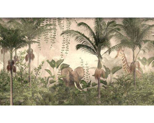 Olifanten en giraffen die door de jungle lopen, afgebeeld op een kleurrijk natuur fotobehang.
