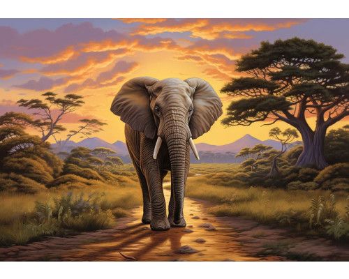 Fotobehang van een olifant op de savanne, in een tropisch landschap met warme kleuren en natuurweergave.