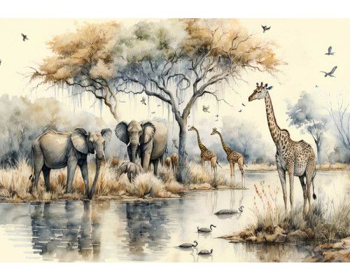 Fotobehang van olifanten en giraffen in de Afrikaanse savanne, perfect voor een speelse en avontuurlijke kinderkamer.