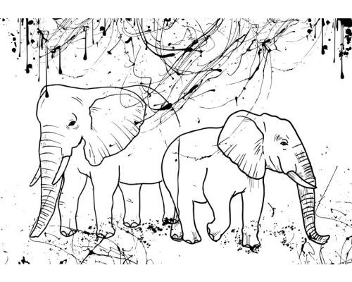 Kleurplaatstijl olifanten op een fotobehang met schetsachtige lijnen, speciaal ontworpen voor kinderen.