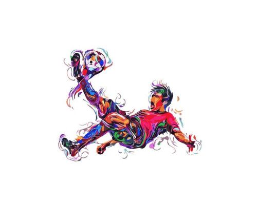 Fotobehang van een voetballer die een omhaal uitvoert, met de bal in volle vlucht richting het doel, vastgelegd op het hoogtepunt van de beweging.