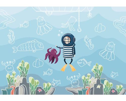 Fotobehang met een duiker in de zee, dieper onderwaterwereld thema.