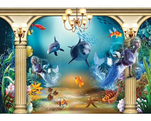 Zeemeermin, dolfijnen en vissen in een kleurrijke onderwaterwereld, speciaal ontworpen voor kinderkamers op dit fotobehang.