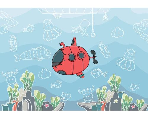 Fotobehang van een onderzeeboot en vissen in de onderwaterwereld, speciaal voor kinderkamers.
