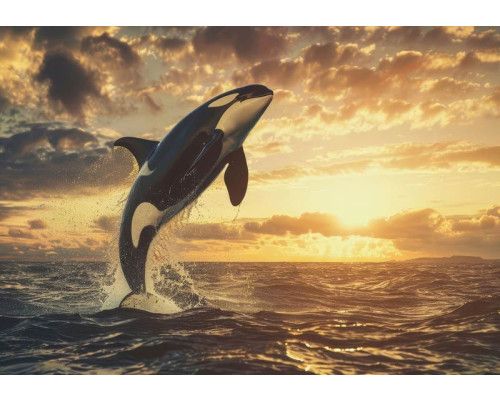Een orka die uit zee springt bij een zonsondergang op fotobehang.