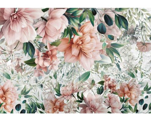 Fotobehang van oud-roze bloemen en blaadjes, in een zachte en elegante stijl.