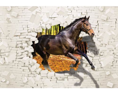 Fotobehang van een 3D-illusie van een paard dat door een gebroken muur springt, speciaal voor kinderkamers.