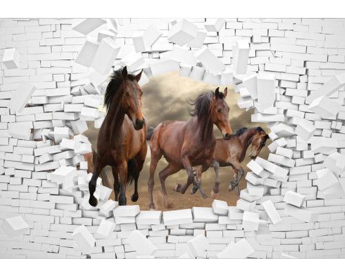 Paarden die door een bakstenen muur breken, in 3D-stijl op fotobehang.