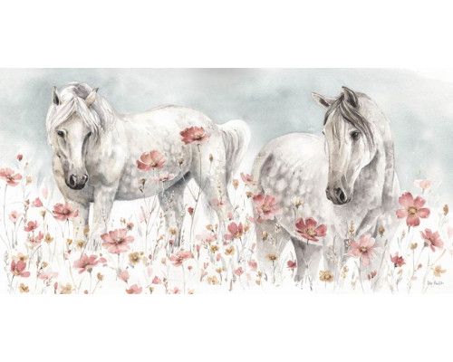 Paarden en bloemen, geschilderd in een elegante stijl, afgebeeld op een kunstzinnig fotobehang.