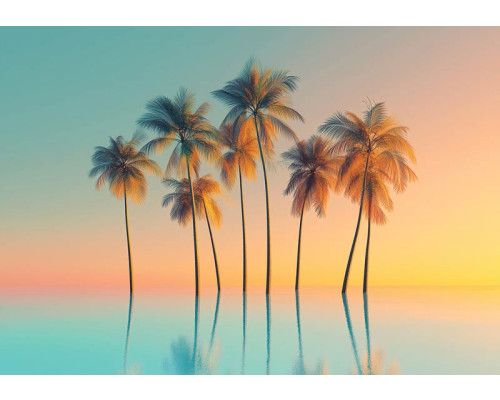 Fotobehang met artistieke palmbomen in zwart-witte illustratiestijl.