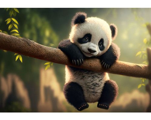 Schattig fotobehang voor de kinderkamer met een panda hangend aan een tak te midden van een bosrijke achtergrond.