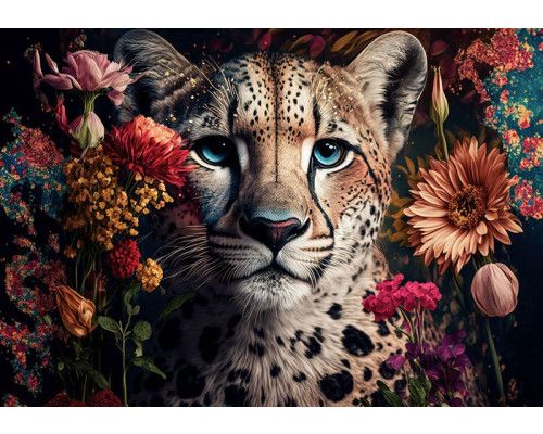 Fotobehang met een panter die tussen prachtige bloemen ligt. De gedetailleerde weergave van deze panter in een exotische setting maakt dit een indrukwekkend stuk wanddecoratie.