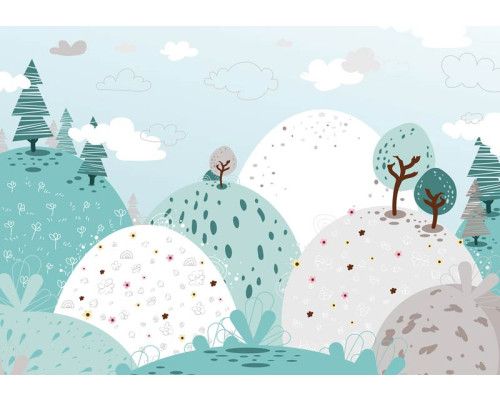 Fotobehang van pastel bergen, speelse kleuren voor babykamers.