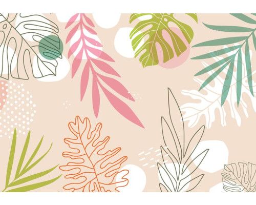 Pastelkleurige bladeren op fotobehang, subtiel en kleurrijk.
