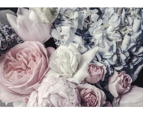Pastel bloemen fotobehang met rozen, pioenrozen en tulpen, romantische sfeer.
